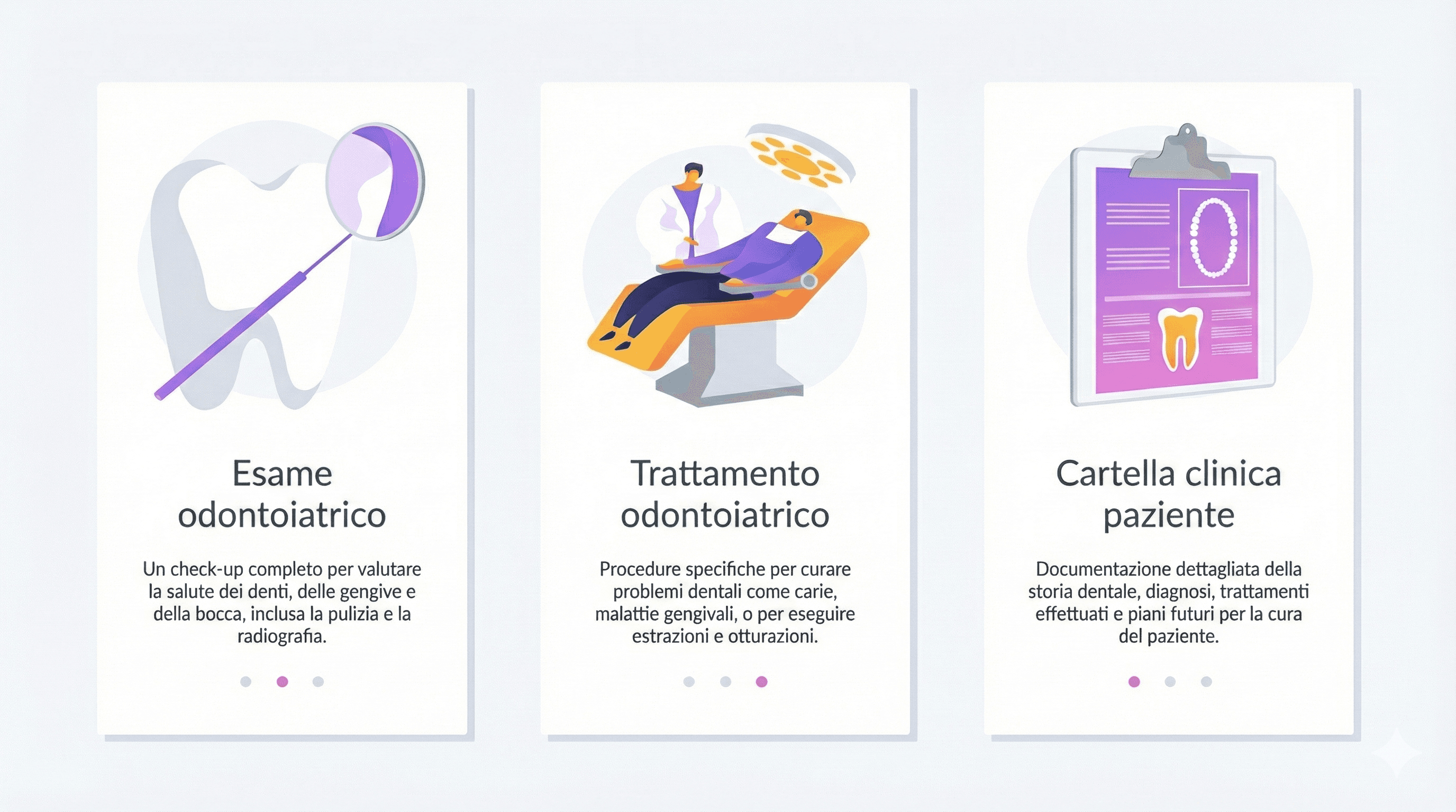 Servizi disponibili: esame odontoiatrico, trattamento e cartella clinica.